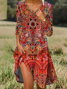 New Retro Casual & Elegant Women Long Dress, Fall/Winter - Red - View 1