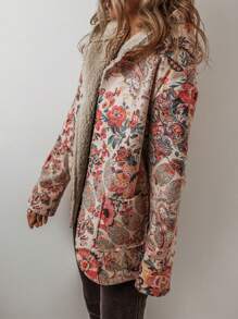 CILKOO 米色复古佩斯利花卉印花抓绒连帽衫