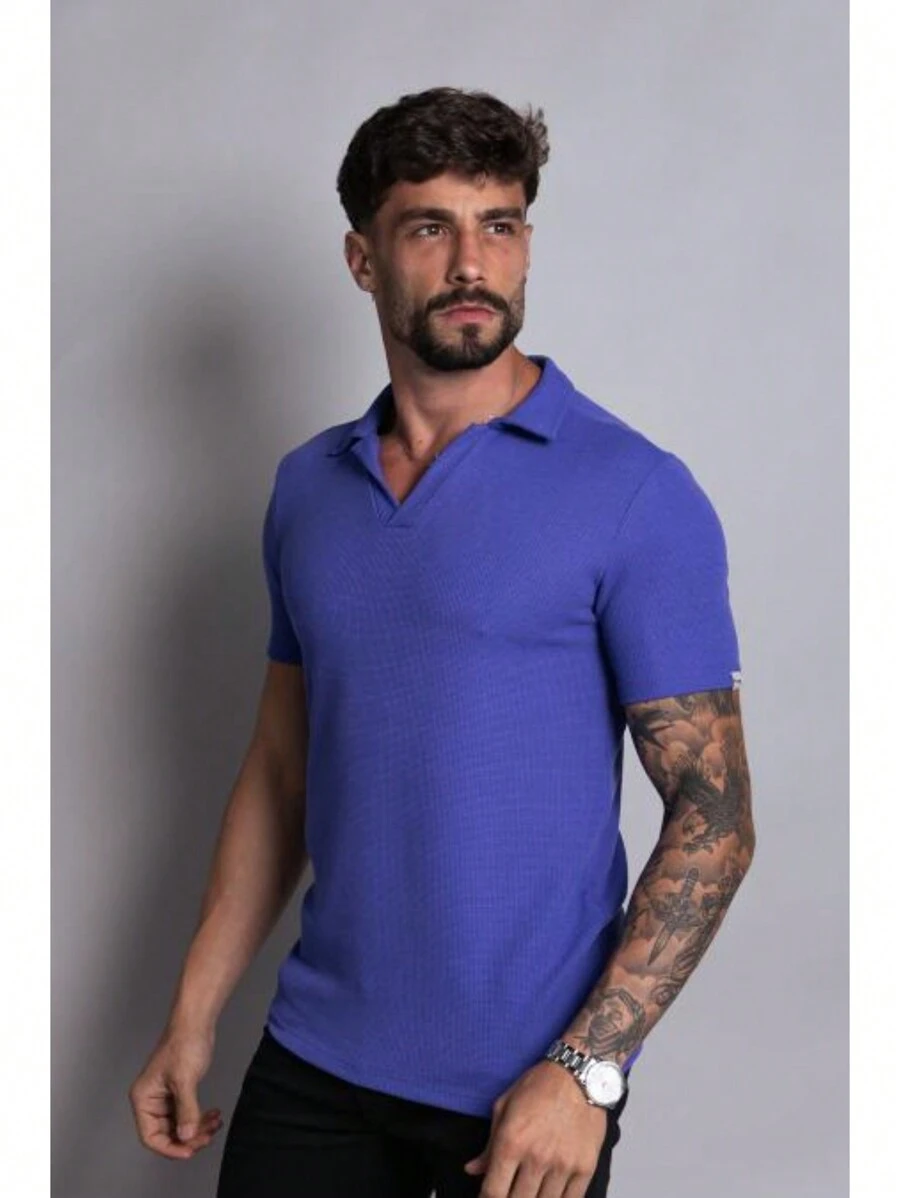 ITALIAN KNITTED POLO SHIRT WITH ELASTANE - Blue - View 1