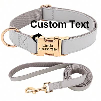 Solid Color Customized Leather Dog Collar & Leash Set, Engraved Collar & Leash For Pet Outdoor Use