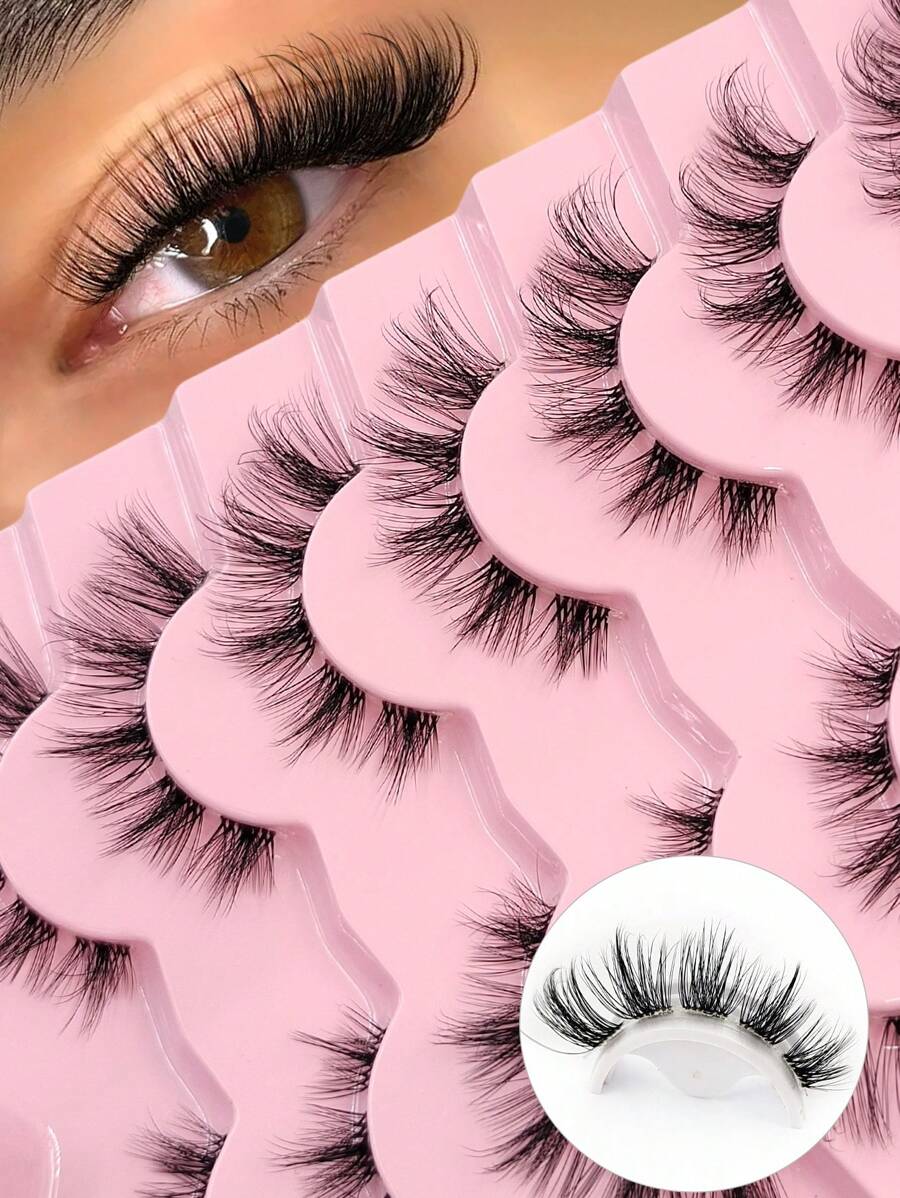 Asiteo 7 Pairs Natural Lashes Soft Fluffy And Wispy Faux Mink Lashes With Clear Band False Eye Lashes Makeup Extensions Eyelashes - 黑色 - 查看 1
