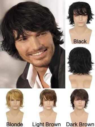 Men Wig Short Layered Natural Fluffy Wig Synthetic Heat Resistant Halloween Cosplay Hair Wig