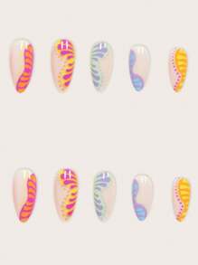 Transforme suas unhas com o Kit com 24 Peças de Unhas Adesivas de Médio Tamanho em Formato de Amêndoa Estilo Boho, Multicolorido, com Design de Linha Ondulada Romântica e Elementos Interessantes de Poá e Gota d'Água em Tiras de Gel, Inclui 1 Folha de Adesivos e 1 Lixa Pequena para Uso Diário, Escritório, Festas e Acessórios de Jóias para Mulheres