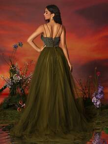 VIPGIRL A字型吊带薄纱连衣裙，高开衩设计 - 绿色串珠长款正式晚礼服，适合女性，可用于舞会、婚礼宾客、毕业典礼、宴会等场合。 - 軍綠色 - 查看 3