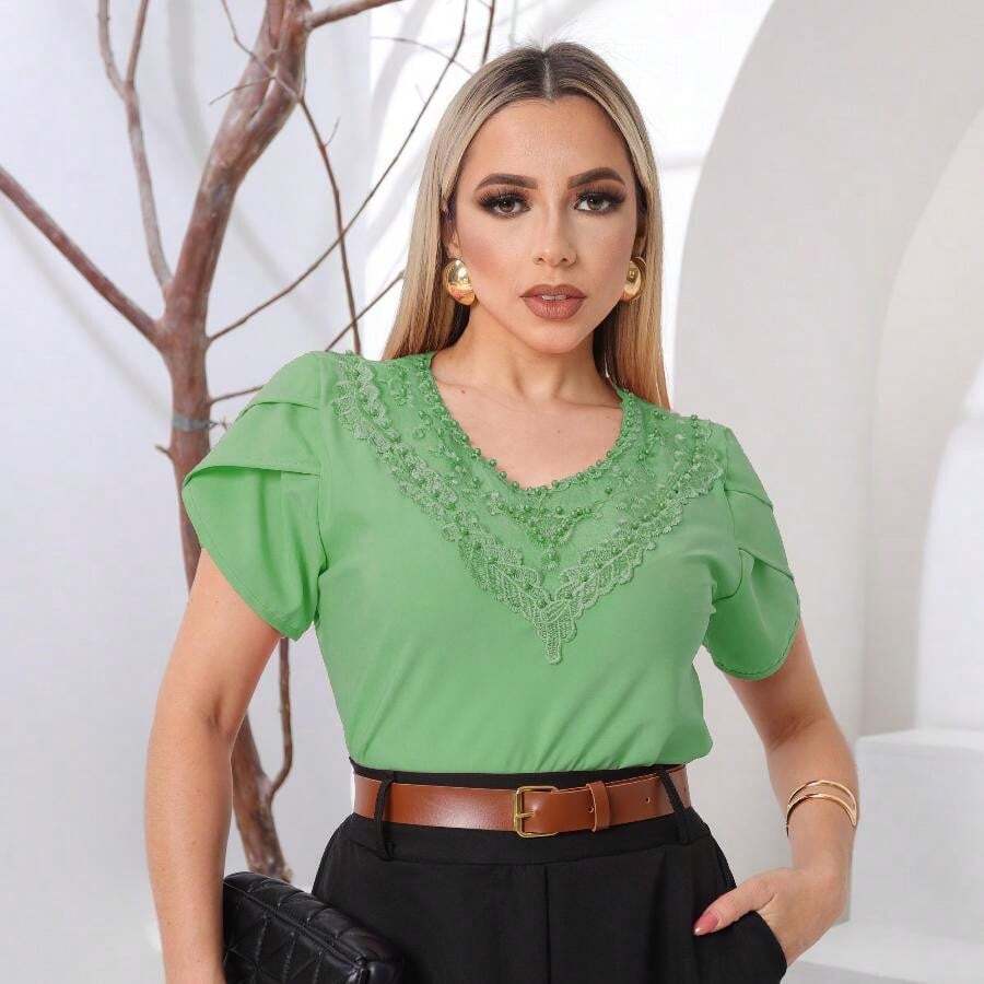 Blouse Shirt Pearl Details For Congress  Short Sleeve Lace Social Evangelical Fashion Social Embroidered Romantic - Màu xanh Bạc hà - Xem 1