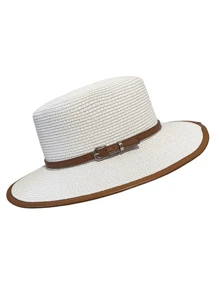 男士皮扣草编帽子英伦风夏季防晒帽户外旅行太阳帽时尚高端圆顶帽 - 皮帶草帽 - 查看 11