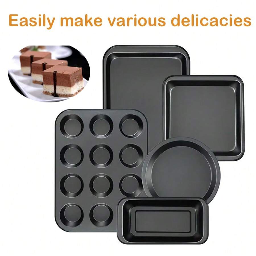 1 件黑色碳钢烘焙模具套装 - 包括矩形面包烤盘、圆形披萨盘、方形烤盘、矩形烤盘、12 杯松饼罐、家用多用途蛋糕模具 - 黑色 - 查看 1