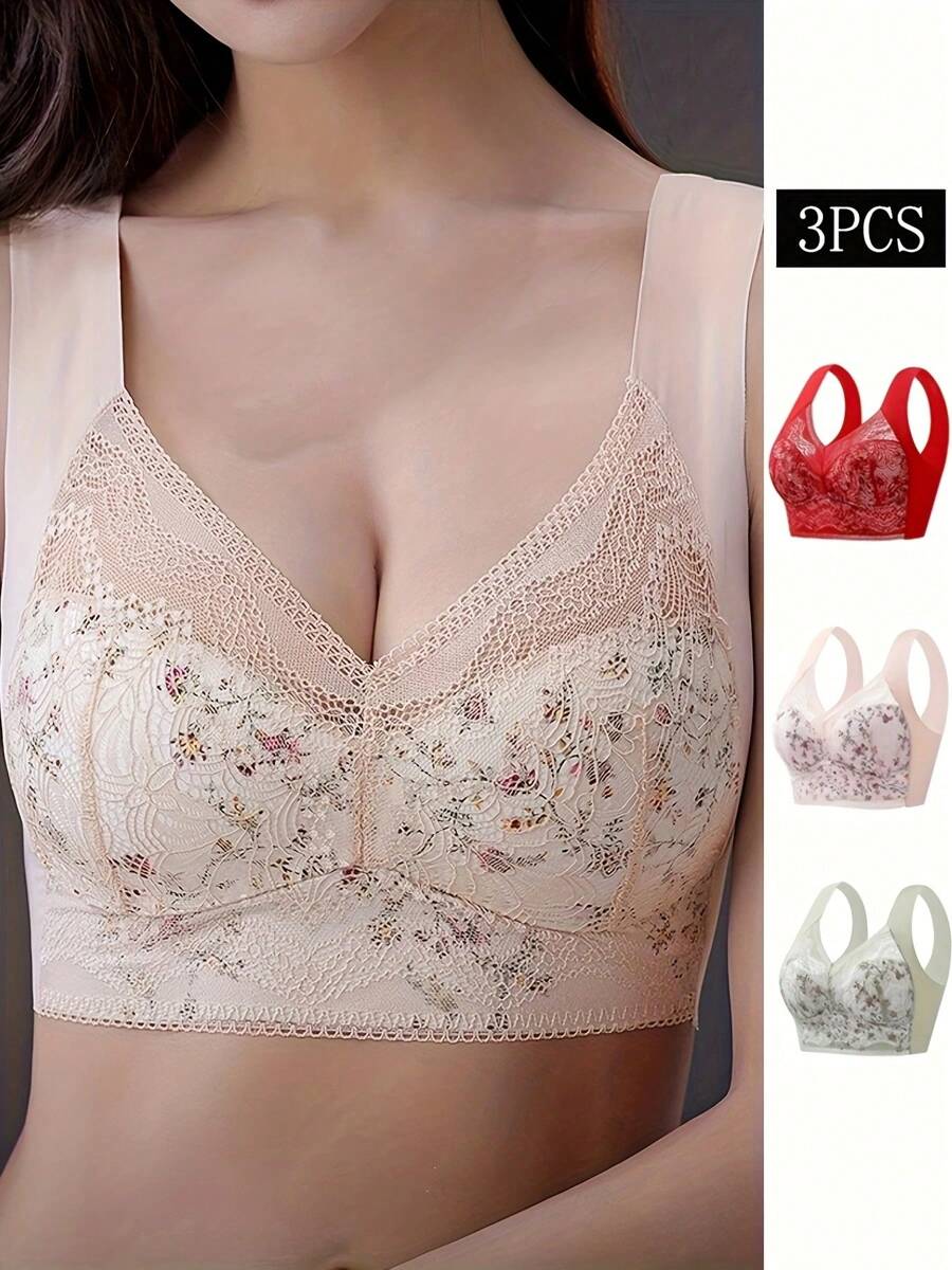 3pcs Summer Lace Small Floral Lce Silk Thin Seamless Gathered Side Breast Vest LargeSize Seamless Beautiful Back Bra One-Piece Tube Top Underwear Thin Large ChestSmall Bra - 紅色/膚色/抹茶 - 查看 1