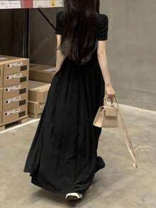 女式纯色方领修身连衣裙 - 黑色 - 查看 5