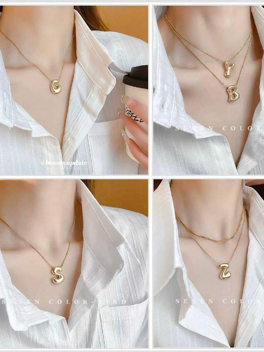 Venetian Letter Necklace 26 Letters European And American Popular Jewelry 18k Gold Plated Shiny Bubble Chunky Pendant - Vàng - Xem 1