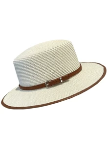 男士皮扣草编帽子英伦风夏季防晒帽户外旅行太阳帽时尚高端圆顶帽 - 皮帶草帽 - 查看 8