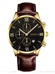 1 pieza Reloj de cuarzo casual para hombres con esfera de números romanos, calendario y correa - Adecuado para uso diario, cumpleaños, aniversarios, Halloween y otras fiestas - Café integral - Ver 4