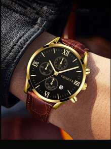 1 pieza Reloj de cuarzo casual para hombres con esfera de números romanos, calendario y correa - Adecuado para uso diario, cumpleaños, aniversarios, Halloween y otras fiestas - Café integral - Ver 1