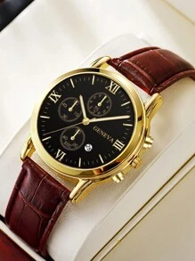 1 pieza Reloj de cuarzo casual para hombres con esfera de números romanos, calendario y correa - Adecuado para uso diario, cumpleaños, aniversarios, Halloween y otras fiestas - Café integral - Ver 3