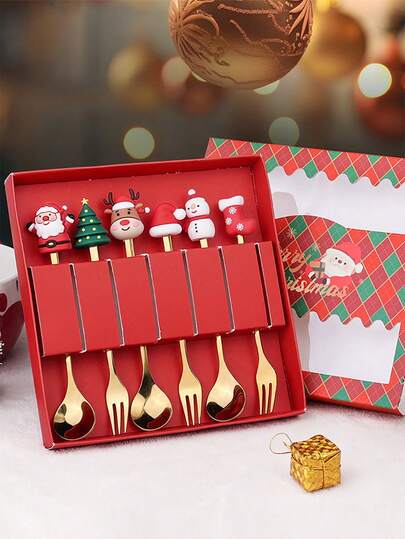 Set da 6 pezzi di cucchiaio e forchetta in acciaio inossidabile per regalo di Natale, set di cucchiaio e forchetta natalizi a forma di cartone animato, set di posate creative come regalo di Natale per amici