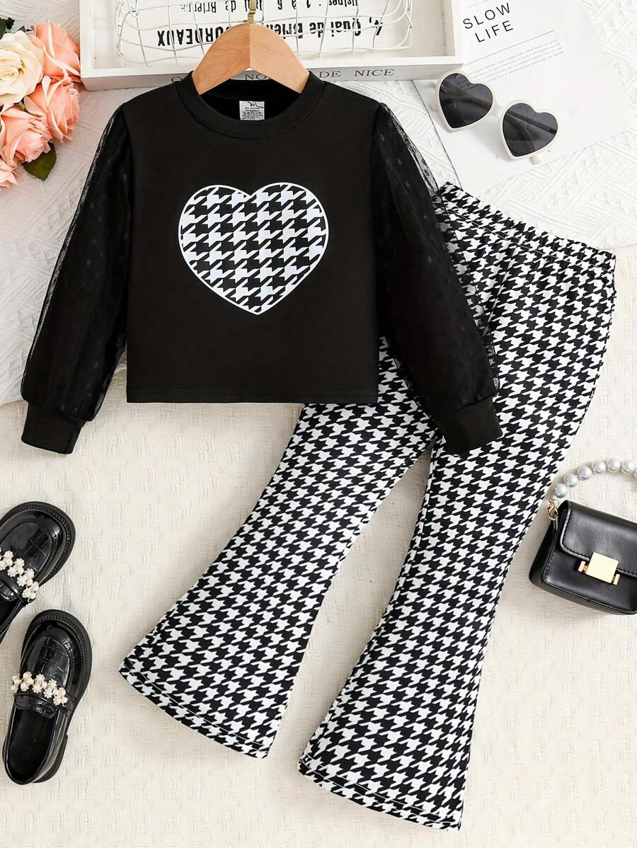 2-częściowy zestaw ubrań dla młodej dziewczyny na wiosnę/jesień: bluza z długim rękawem w kształcie serca z nadrukiem w pepitkę i pasujące spodnie dzwony w pepitkę, eleganckie i wygodne codzienne ubrania dla dzieci na zewnątrz/imprezę - Czarne - Zobacz 1