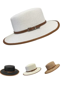 男士皮扣草编帽子英伦风夏季防晒帽户外旅行太阳帽时尚高端圆顶帽 - 皮帶草帽 - 查看 1