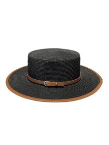 男士皮扣草编帽子英伦风夏季防晒帽户外旅行太阳帽时尚高端圆顶帽 - 皮帶草帽 - 查看 2