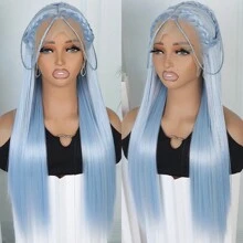 Light Blue Color Hair Lace Front Wigs Synthetic 13x4 Free Part Pre Plucked Hairline Glueless Long Silky Straight Hair Heat Resistant Fiber Frontal Lace Replacement Wig For Fashion Women Girls Halloween Party Vacation Makeup Use Daily Wear 28 Inches 180% Full Density - 藍色 - 查看 7