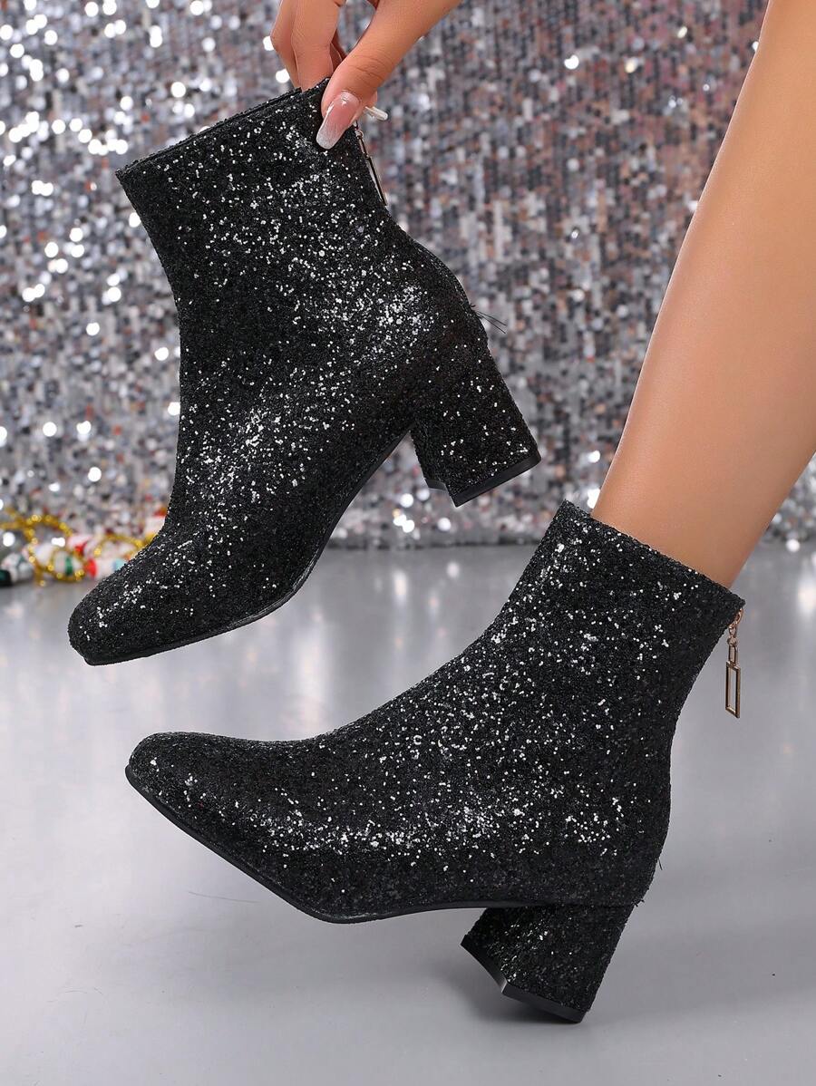 Plus Size Women's Black Sequin Pointed Toe Chunky High Heel Glitter Fashion Boots, Winter - Party, Stage Performance, Banquet - Black - View 1