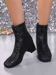 Plus Size Women's Black Sequin Pointed Toe Chunky High Heel Glitter Fashion Boots, Winter - Party, Stage Performance, Banquet - Black - View 2