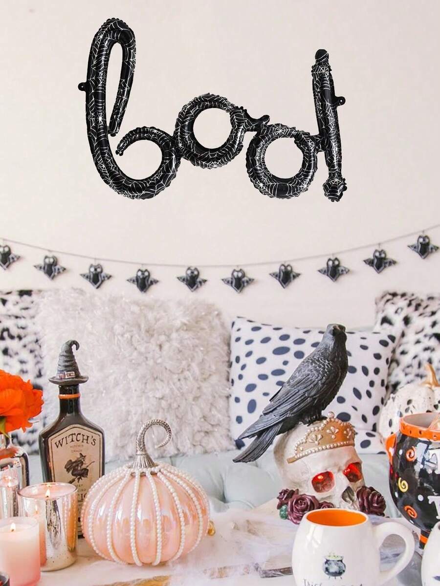 2 chiếc trang trí tiệc Halloween hình mạng nhện đen kết hợp bóng bay chữ cái tiếng Anh BOO! - Đen và trắng - Xem 1