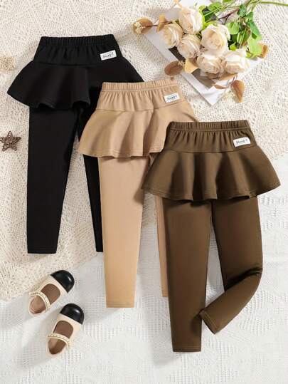 3件套女童休闲裤套装，春秋日常穿着；女童纯色裙摆春装裤子，童装；少女舞蹈室纯色修身抓绒裤，舒适柔软简约日常穿着童装，秋季