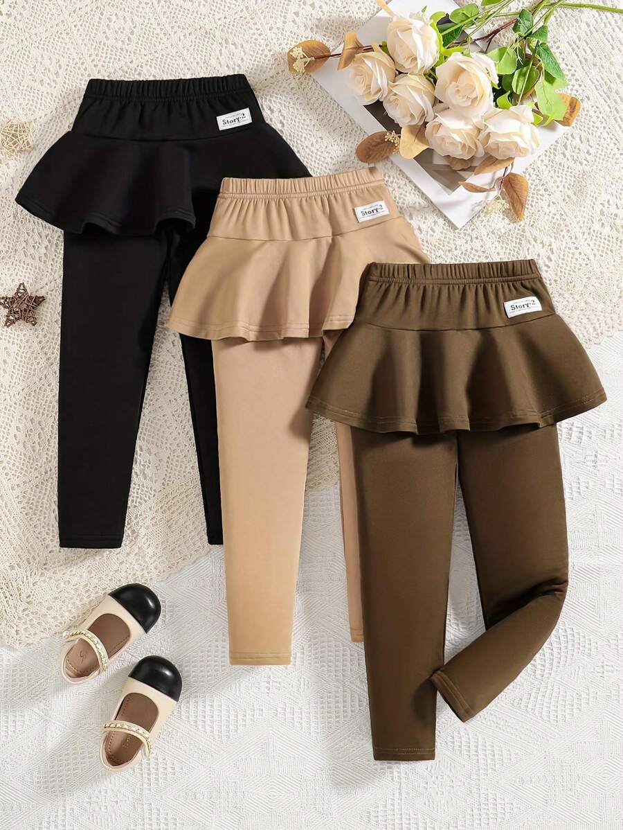 3pcs Girls Casual Pants Set, Spring & Autumn Daily Wear; Girls' Solid Color Skirt Hem Spring Pants, Childrenswear; Young Girl Dance Room Solid Color Slim Fit Fleece Pants, Comfortable Soft Simple Daily Wear Childrenswear, Autumn - Nhiều màu - Xem 1