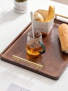 1 khay gỗ hình chữ nhật màu đen có tay cầm bằng kim loại màu vàng đựng cốc nước, trái cây, thực phẩm, bánh mì, đồ lặt vặt, khay đựng đồ gia dụng, quà tặng Giáng sinh - 1 cái - Xem 9