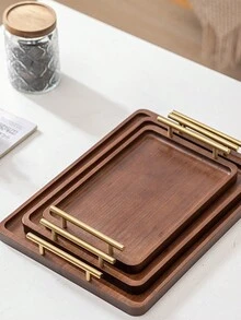 1 khay gỗ hình chữ nhật màu đen có tay cầm bằng kim loại màu vàng đựng cốc nước, trái cây, thực phẩm, bánh mì, đồ lặt vặt, khay đựng đồ gia dụng, quà tặng Giáng sinh - 1 cái - Xem 6