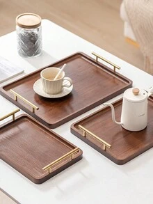 1 khay gỗ hình chữ nhật màu đen có tay cầm bằng kim loại màu vàng đựng cốc nước, trái cây, thực phẩm, bánh mì, đồ lặt vặt, khay đựng đồ gia dụng, quà tặng Giáng sinh - 1 cái - Xem 4