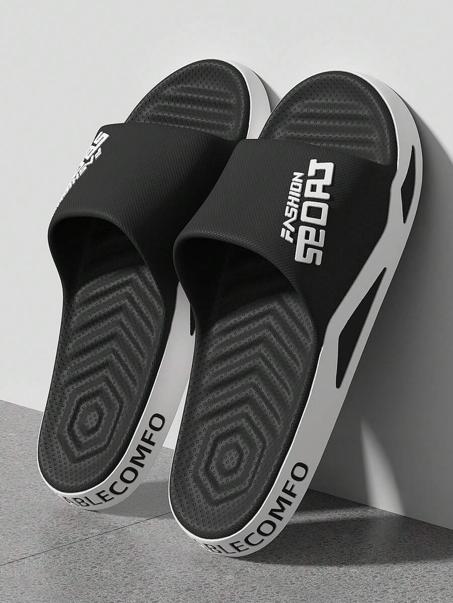 Extra large (48-49) Pantoufles d'intérieur/extérieur pour hommes et femmes d'été, avec impression de lettre, antidérapantes et résistantes aux odeurs - Noir - Voir 1