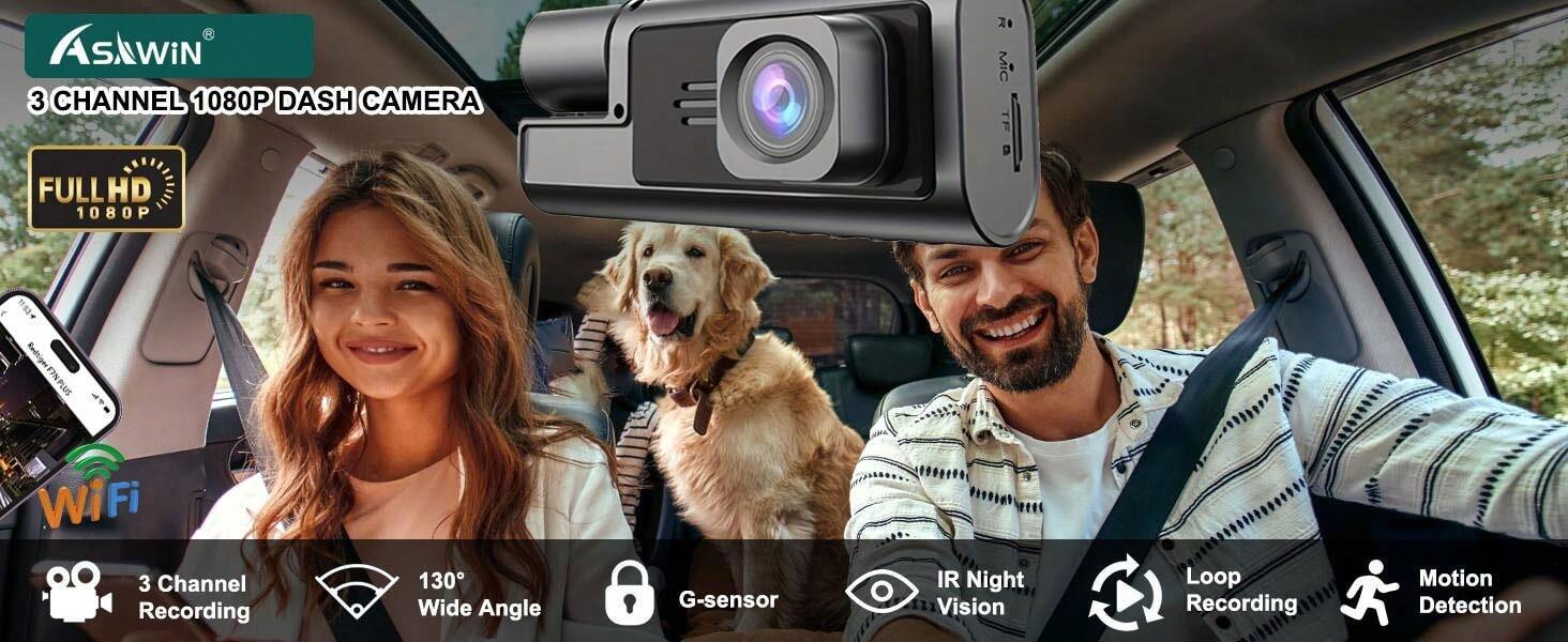 ASAWIN 3 Channel Dash Cam Wifi App Control Car Camera Front And Rear