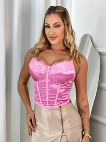 Satin Corset Without Pads Lace Strapless Sexy Parties Tie Back String Lingerie - Rosa Pálido - Ver 1