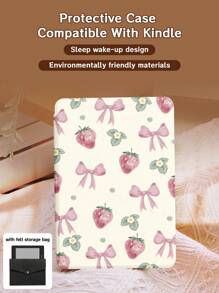 Bows And Strawberries Cream Case Compatible With Kindle,With Auto Wake/Sleep,Comes With Felt Bag - Multicolor - View 1