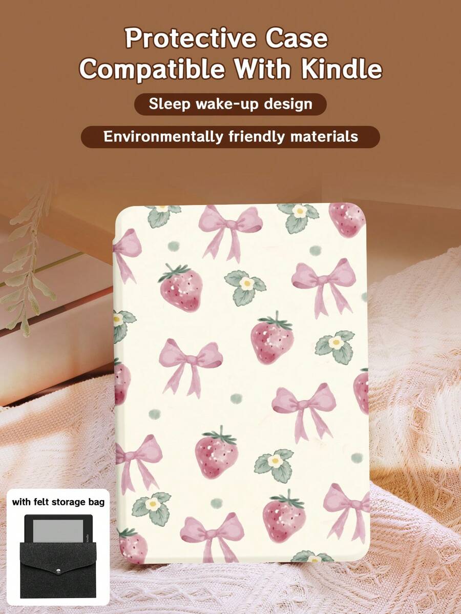 Bows And Strawberries Cream Case Compatible With Kindle,With Auto Wake/Sleep,Comes With Felt Bag - Multicolor - View 1