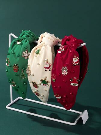 1pc Christmas Santa Claus Snowflake & Pine Tree Fabric Faux Pearl Headband, Christmas Casual Polyester Fiber Fabric Christmas Headband, Christmas Accessories Hair Band Hair Hoop ,Hairband For Women