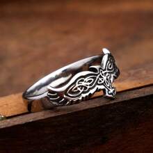 1pc Stainless Steel Viking Style Celtic Raven Ring For Men Daily Wear - Silver - View 3
