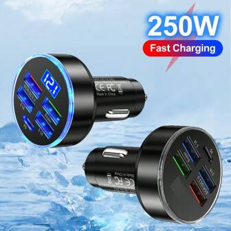 250W 车载充电器 5 端口 PD + QC 3.0 快速充电汽车手机充电器适配器 4 端口 USB 车载充电器 Type C PD 快速充电 3.0 车载充电器 汽车配件