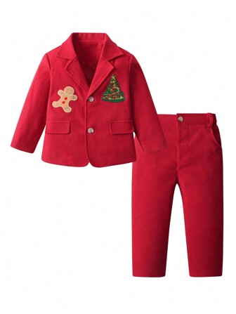 BLUE SAYING Young Boy 2pcs Gingerbread, Christmas Tree Printed Red Jacket And Pants Gentleman Outfit Party Set