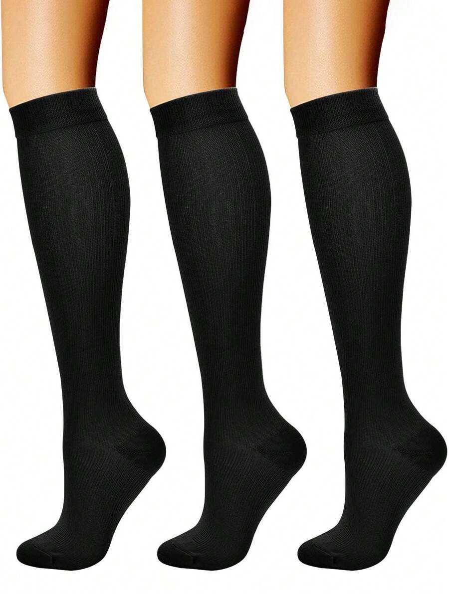 3pairs High-Performance Jumping Rope Compression Socks, Anti-Slip Yoga Stockings, Slimming Leg Shaping Knee High Socks For Women And Couples, Gym, Fall - Black - View 1