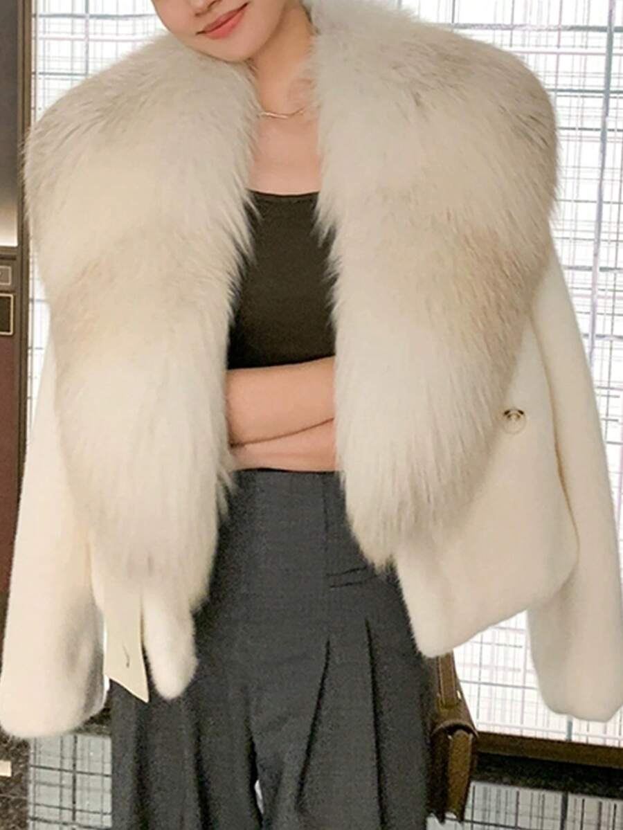 Jachetă cu căptușeală termică cu guler de blană din nurcă artificială, elegantă, de iarnă - alb - Vizualizare 1