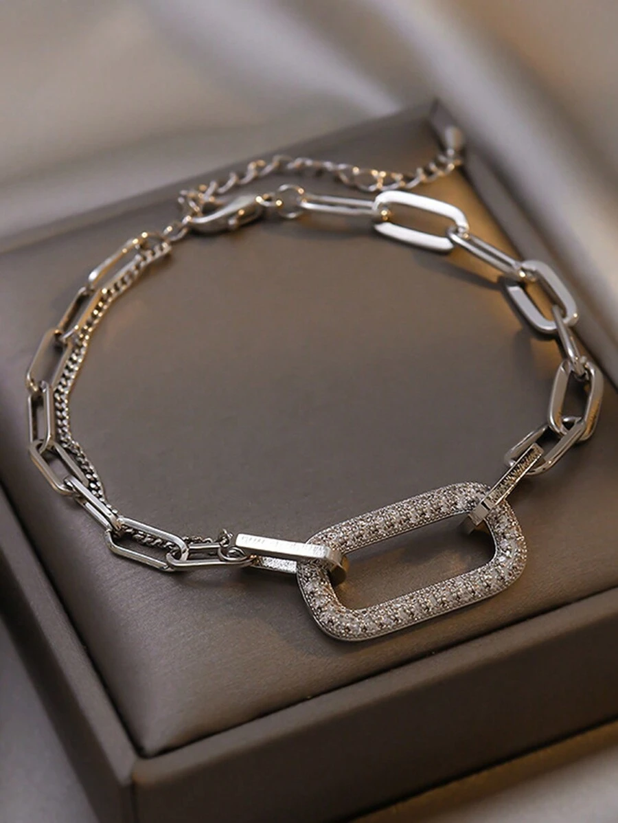 1pc Fashion Personalized Silver Geometric Crystal Studded Chain Bracelet - Silver - View 1