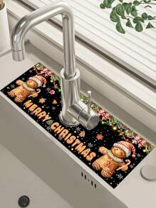 1 件 14*38 厘米圣诞厨房硅藻土垫，带圣诞树圣诞老人雪人姜饼人图案，水龙头吸水垫，浴室水龙头防溅垫，防潮防滑水龙头垫，厨房台面配件，2024 年家居圣诞装饰品