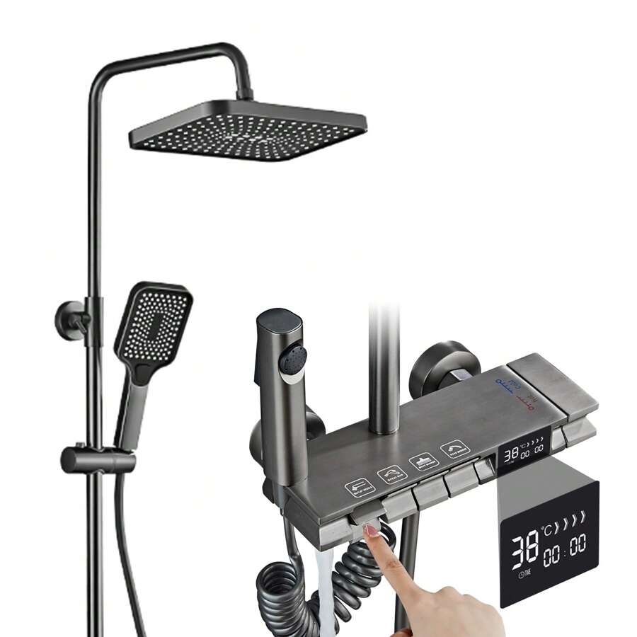 AYYDS Shower System With Thermostat, 4-Function Piano Keys Brass Mixer Tap Shower Set With Overhead Shower, 3 Mode Hand Shower, Bidet Shower, Bathtub Faucet, Adjustable Shower Column Black