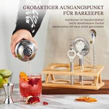 SHEIN X Heather Rae KITESSENSU Cocktail Shaker Set Bartender Kit, 6-Piece Silver Bar Set With Stand, Bar Kit With Essential Bar Accessory Tools: Martini Shaker, Jigger, Strainer, Bar Spoon, Tongs, Opener