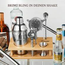 SHEIN X Heather Rae KITESSENSU Cocktail Shaker Set Bartender Kit, 6-Piece Silver Bar Set With Stand, Bar Kit With Essential Bar Accessory Tools: Martini Shaker, Jigger, Strainer, Bar Spoon, Tongs, Opener