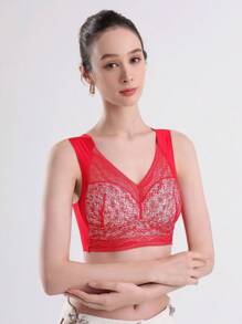 3pcs Summer Lace Small Floral Lce Silk Thin Seamless Gathered Side Breast Vest LargeSize Seamless Beautiful Back Bra One-Piece Tube Top Underwear Thin Large ChestSmall Bra - 紅色/膚色/抹茶 - 查看 3