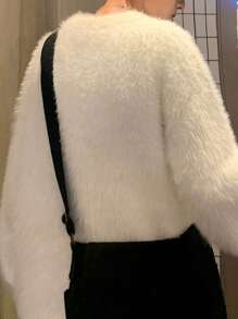 Men Oversized Drop Shoulder Mohair Blend Sweater, Fall/Winter, Long Sleeve Top - White - View 3