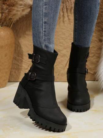 2024 New Thick Sole Women Boots, British Style High Heel Short Boots, Platform Lace-Up Winter Thermal Lined Motorcycle Ankle Boots For Petite